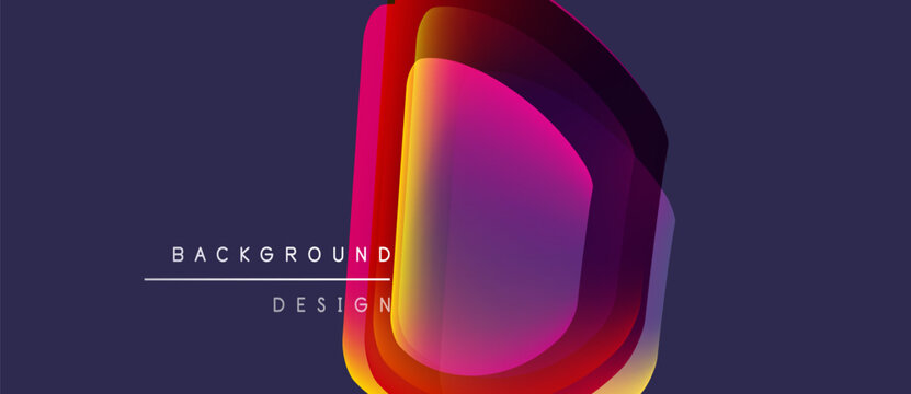 Abstract design features layered shapes, vibrant colors. Letter D prominent, text reads background, design. Dark backdrop enhances visual impact.