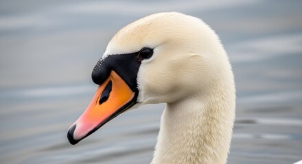Close up of a swan head showing white feathers and orange beak