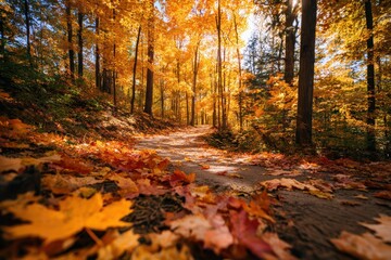 Fototapeta premium Leaf-strewn road through a sunlit forest of gold foliage on an October day
