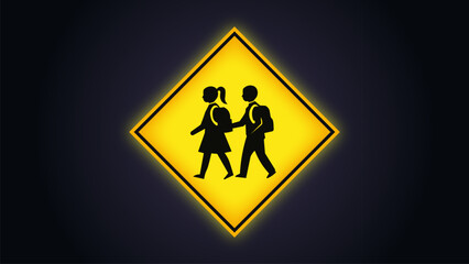 School zone warning sign depicts two young students walking together as a bright yellow graphic icon on a deep dark background