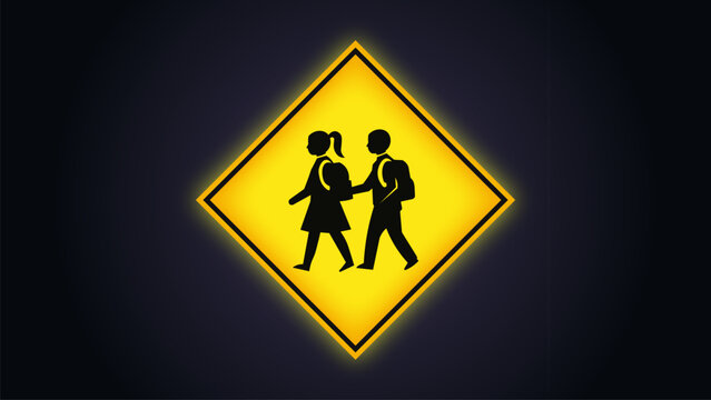 School zone warning sign depicts two young students walking together as a bright yellow graphic icon on a deep dark background