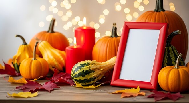 Autumnal Thanksgiving decoration with a red picture frame mockup surrounded by pumpkins, gourds, and burning candles against a glowing background