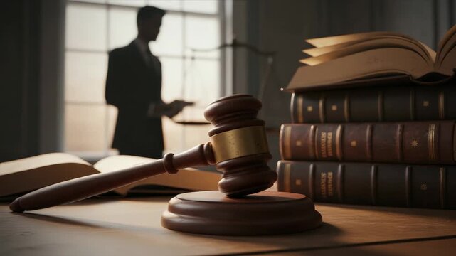 Courtroom scene with a wooden gavel and sound block on a judge's table, with law books and the silhouette of a lawyer holding scales of justice in the softly lit background of an office