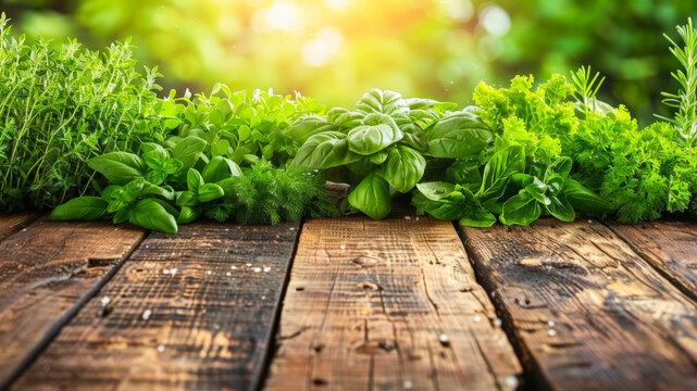 Lush Green Herbs Growing in Sunlight Beside a Rustic Wooden Surface
