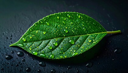 Green leaf covered with dewdrops, lying on a dark, textured surface, highlights detail and freshness