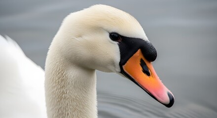 Close up of a swans head white feathers orange beak and dark eyes