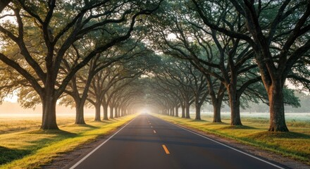 Fototapeta premium A long asphalt road is canopied by trees, leading to a bright, hazy horizon