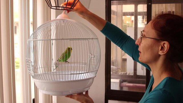 Mother and son hanging birdcage with pet parakeet