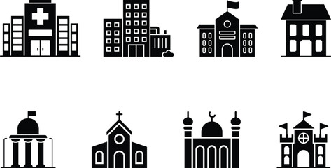 Minimalist Black & White Building Silhouettes Icon Set