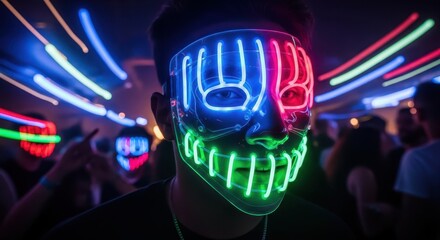Person wearing a luminous illuminated facial covering at a dark entertainment gathering