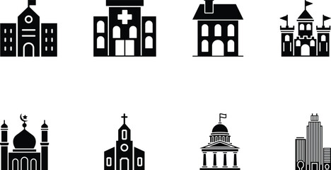 Minimalist Black & White Building Silhouettes Icon Set