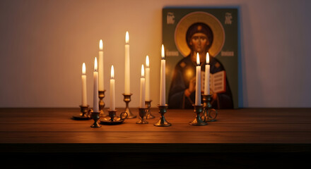 Warm glow of numerous lit candles on a wooden surface before an icon