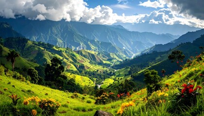 Obraz premium Lush valley with rolling green hills and vibrant flowers under a partly cloudy, blue sky and bright sunlight