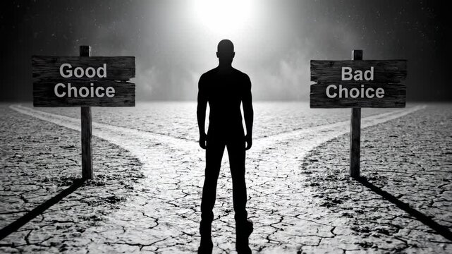 Silhouette of a man standing at a crossroads in a surreal, arid landscape, contemplating between two wooden signs pointing to a good choice and a bad choice, representing a moral dilemma