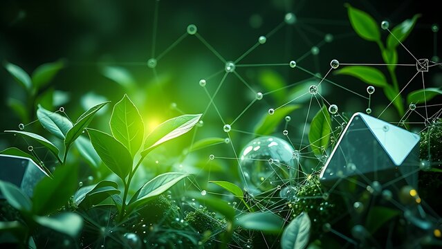 normalizing. Nature and technology concept with organic plant patterns merging with geometric green and silver shapes. product launch decks.