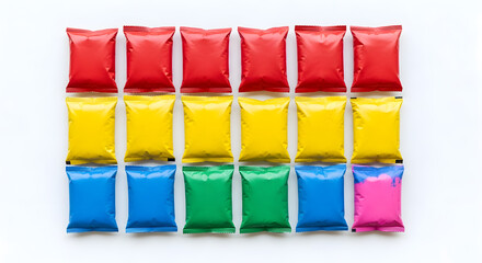 Vibrant rows of colorful foil packets arranged neatly on a clean white background.