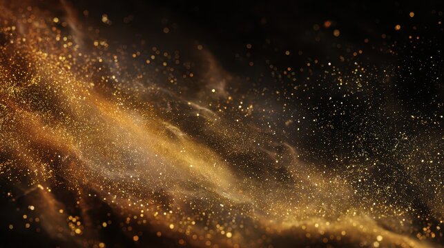 Luxurious gold particle spray against a black background in a wide cinematic composition