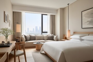 Luxurious hotel bedroom with soft textures, desk, and seating area