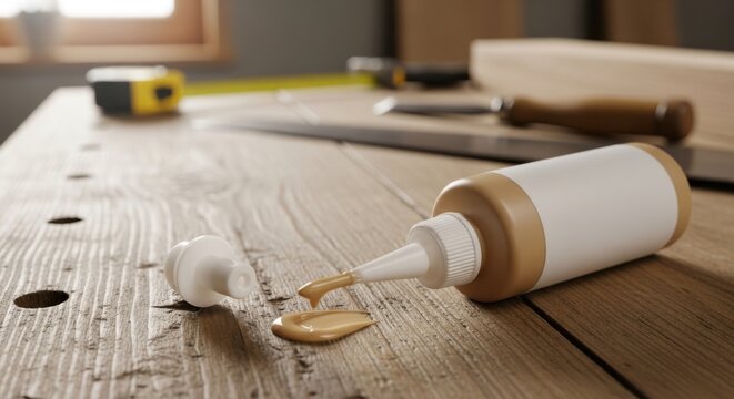 Woodworking Table with Glue Bottle Tools and Measuring Tape in Workshop Setting
