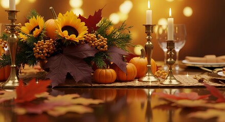 Festive Thanksgiving holiday table setting featuring a beautiful autumn centerpiece with sunflowers, glowing candles, and pumpkins creating a warm, inviting atmosphere
