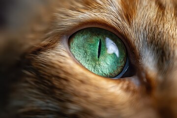 Macro close-up of a cat eye with emerald iris and warm fur framing