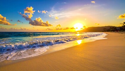 Golden beach with sunlight reflecting on the water as waves wash the shore under a dramatic cloudscape