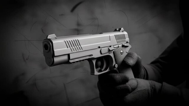 Gloved hands holding a modern semi automatic pistol in a threatening manner against a dark, gritty background. Cinematic black and white footage representing crime, violence, and danger
