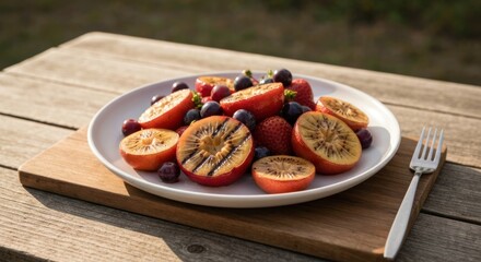 A plate of grilled fruits and berries sits on a wooden board, with a fork