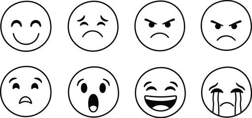 Set of Simple Line Art Emoji Faces on White Background emoticon expression