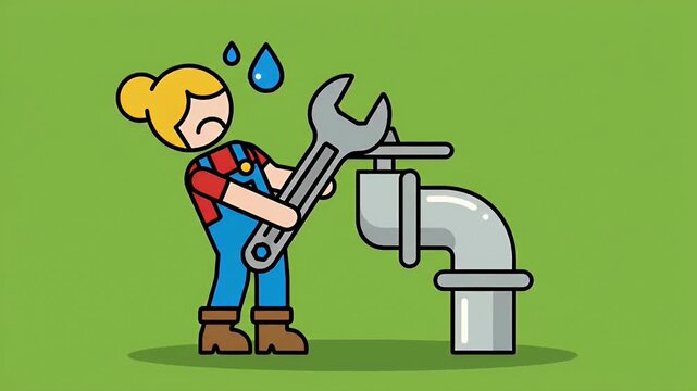Illustrated female plumber in overalls using wrench to fix industrial metal pipe