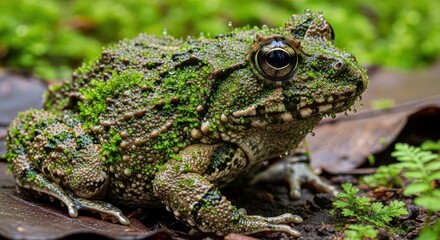 Obraz premium Amphibian covered in vibrant green moss rests on damp forest floor
