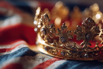 Macro shot of a ceremonial crown with jewels on a waving British flag background