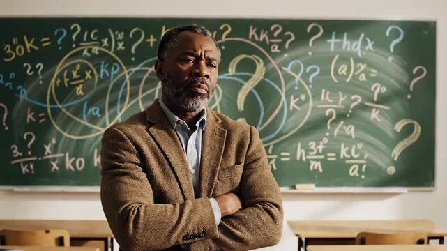 Mature african american professor thoughtfully pacing in a classroom, deeply engaged in solving a complex mathematical formula written on the green blackboard, contemplating the difficult choice