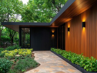 Elegant wooden coffee shop exterior with warm teak paneling, a stone pathway, and integrated soft lighting
