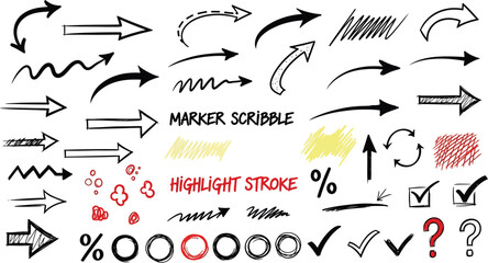 Assorted Hand Drawn Arrows and Symbols in Red and Black on White Background sign drawing