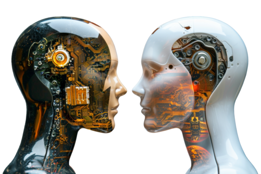 Surreal humanoid robot blending unusual objects with vivid colors on transparent background