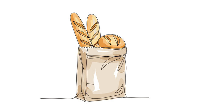  Paper bag with groceries bread and food supermarket shopping one line minimalist illustration with watercolor fill, trendy vector