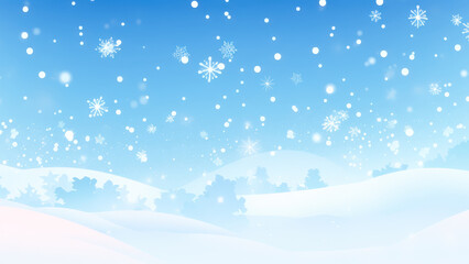 Snowflakes Fall Gently Over a Serene Winter Landscape Under a Clear Blue Sky