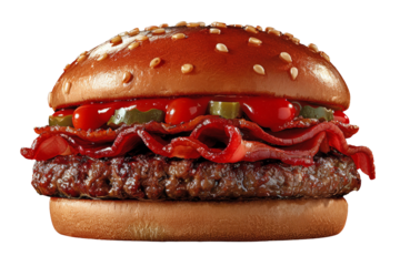 Delicious homemade beef burger with crispy bacon and fresh vegetables on transparent background