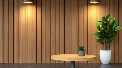 Elegant wooden coffee shop with a warm, inviting entrance, sleek wood panels, and soft candlelike lighting