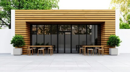 Contemporary wooden cafe with horizontal oak slats, a glass storefront, and minimalist outdoor seating