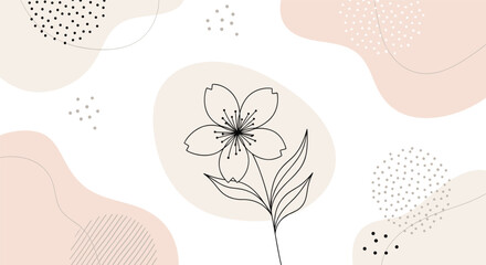 An elegant and minimalist background design with a single line art flower set against abstract organic shapes in soft pastel colors.