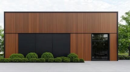 Contemporary cafe exterior with horizontal timber panels, stylish branding, and an outdoor cafe garden