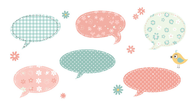 A lovely collection of six shabby chic speech bubbles decorated with pastel floral gingham and polka dot patterns for scrapbooking.