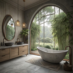 Luxurious modern bathroom with freestanding tub and nature view