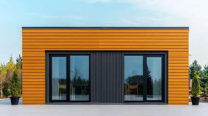 Modern coffee shop with horizontal light wood panels, a flat roof, and large glass doors for an open feel