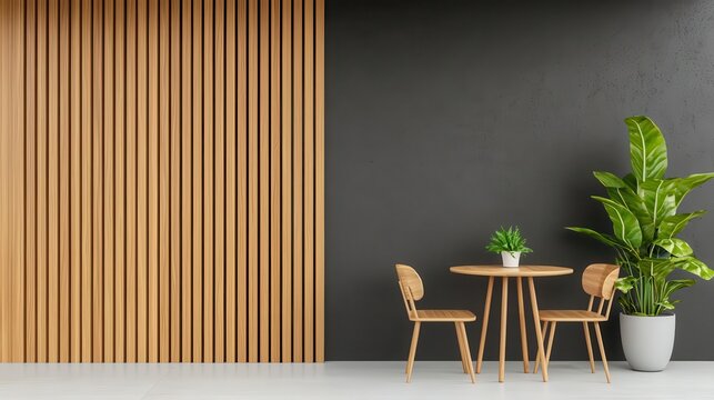 Minimalist wooden coffee shop exterior with a sleek design, vertical slats, and a sophisticated atmosphere