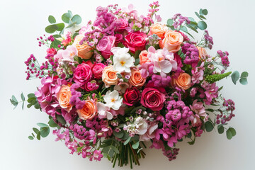 Colorful Floral Bouquet Featuring Roses, Orchids, and Seasonal Blooms on a Plain Background