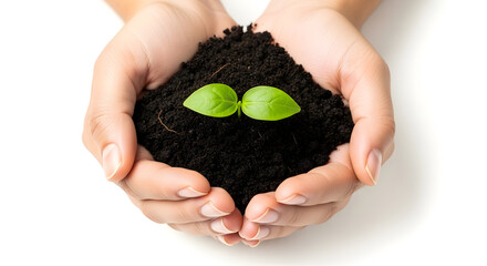Hands gently holding fresh soil with a new green sprout, symbolizing growth and new beginnings.