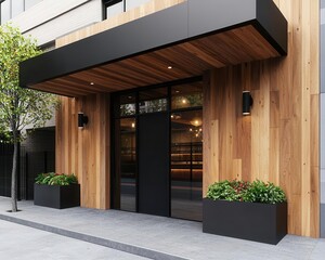Elegant wooden cafe featuring polished timber walls, a sleek black entryway, and artistic exterior lighting